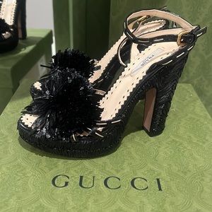 Prada RAFFIA 🖤 Bow-Tie Platform Sandals Heels 7.5 37.5